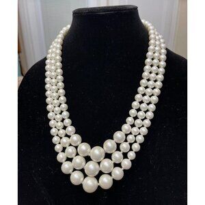 Vintage Japan Signed Multi Strand Graduated Faux White Pearl Necklace 21–24”